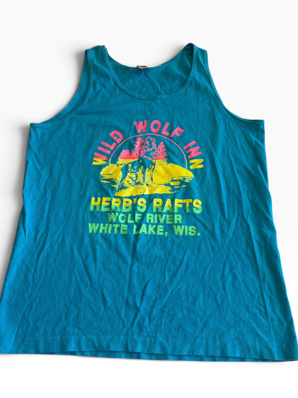Vintage 90s Herb’s Rafts Wolf River Wisconsin Tank Top Fruit Loom Large USA